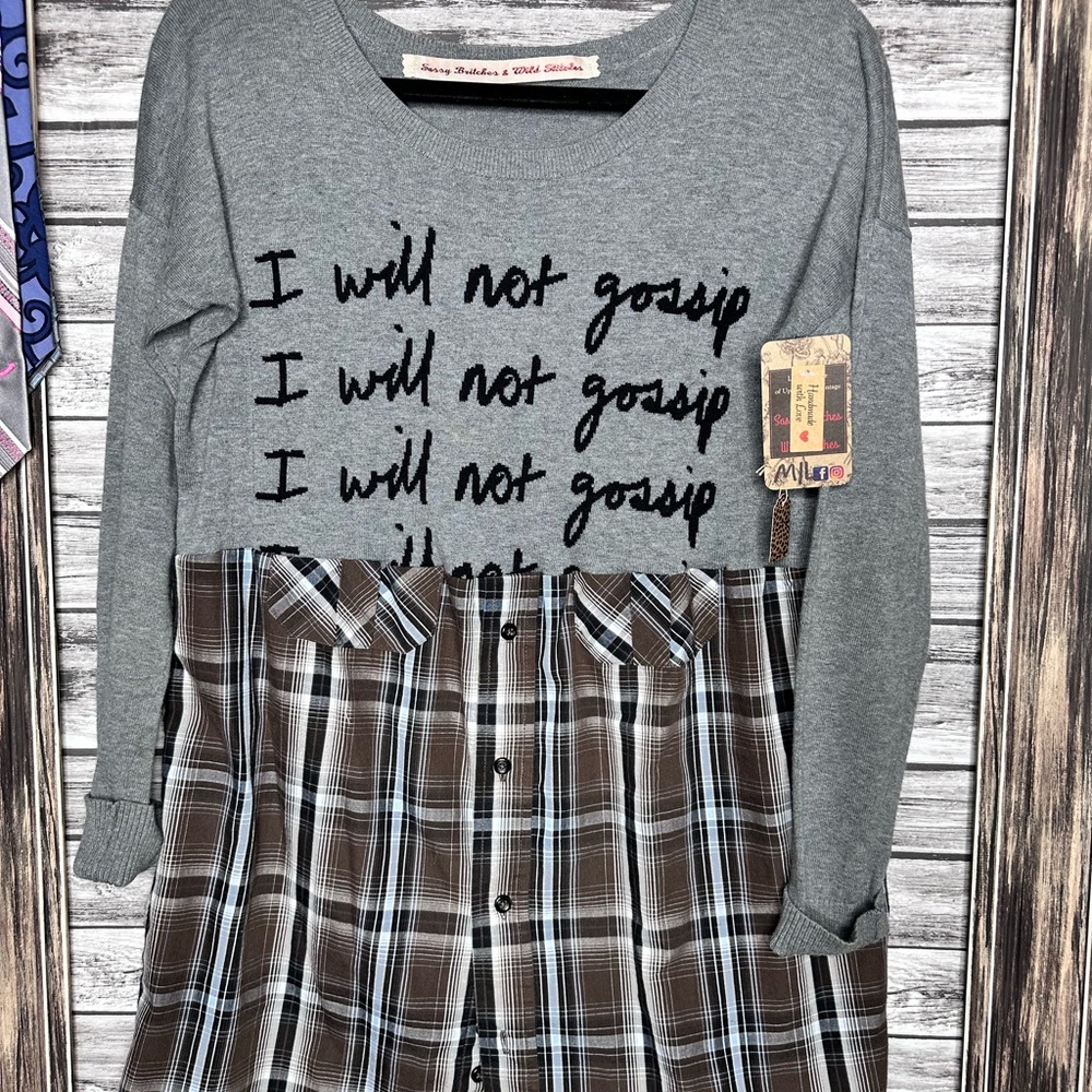 UpCycled Recycled Handmade Grey & Plaid Sweater Tunic Shirt Gypsy Cottagecore